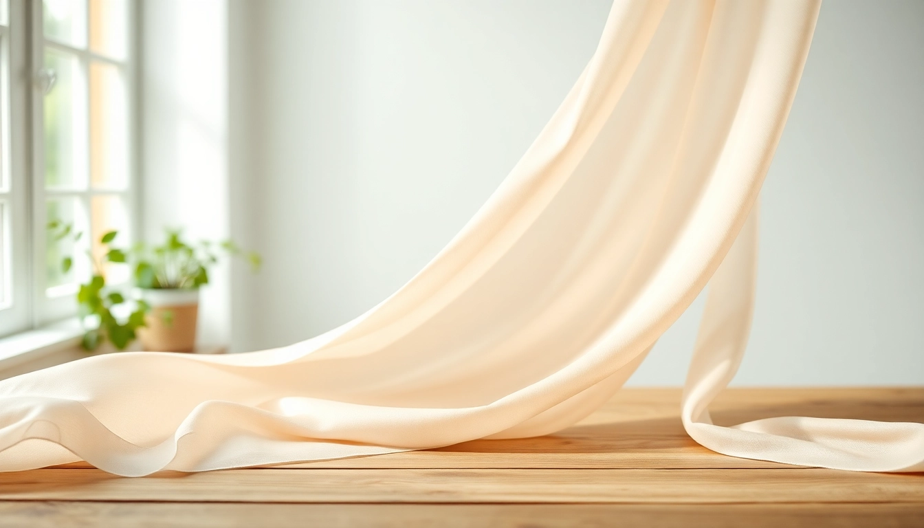 Mousseline stof elegant gedrapeerd over een houten tafel in een lichte studio.