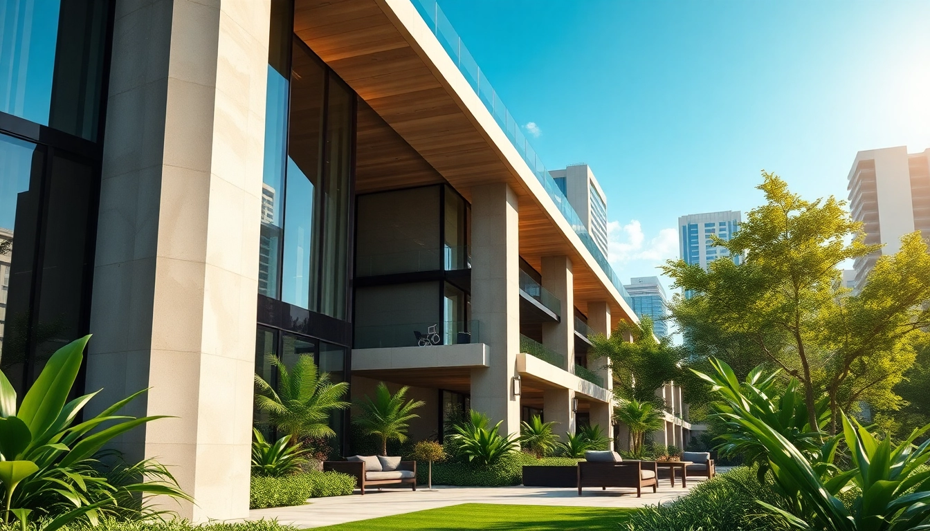 Architekturvisualisierung eines modernen Gebäudes mit lebendiger Landschaft und luxuriösem Ambiente.