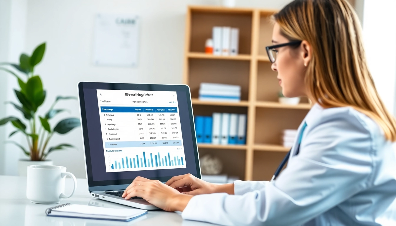 Analyze eprescribing software pricing on a laptop by a healthcare professional in a modern office.