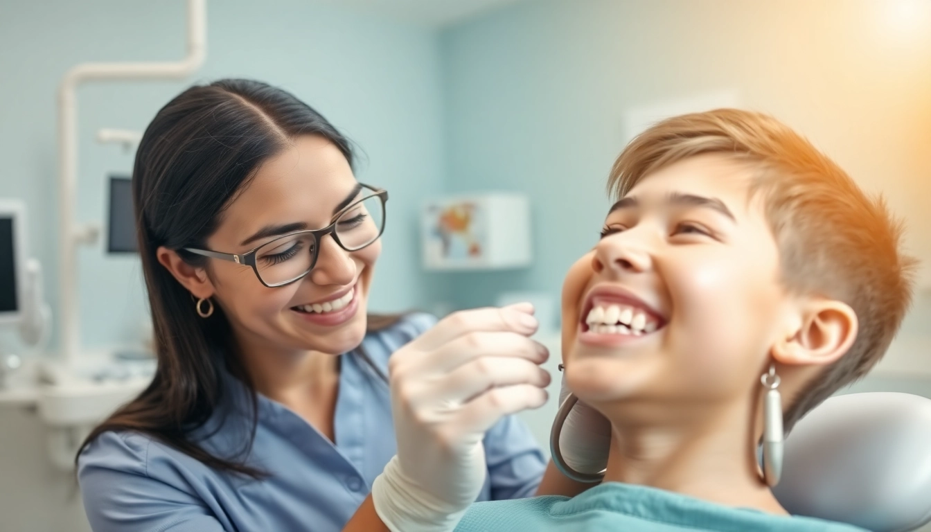 Fitted braces Myrtle Beach on a patient by an experienced orthodontist in a bright dental clinic.