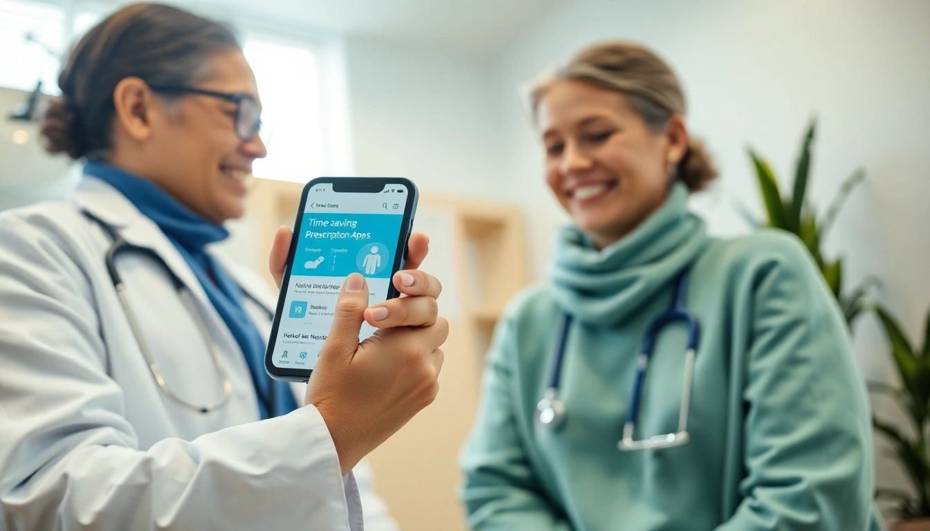 Explore time saving prescription apps with a healthcare professional and smartphone in a modern clinic.